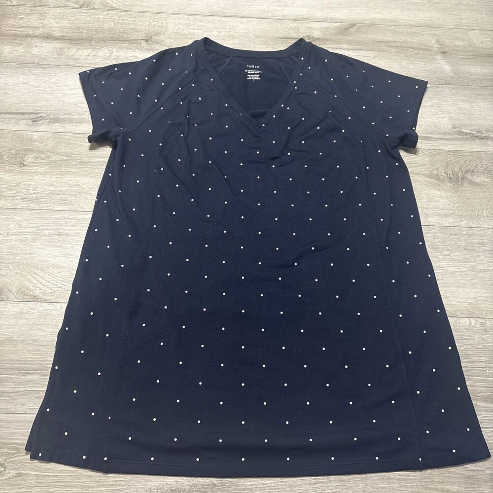 J. Jill FIT Supreme Stretch Seamed Short Sleeve Tunic Blue White Polka Dots Sz S